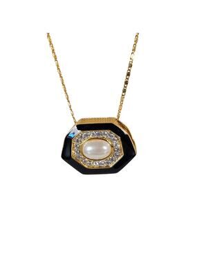 Trafari Vintage Gold Tone Black Enamel Faux Pearl Rhinestone Necklace 24”